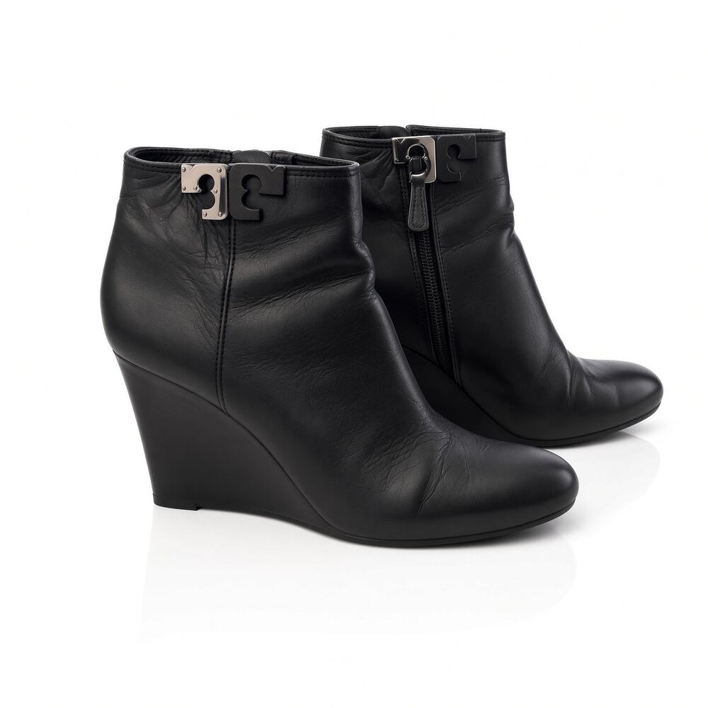 Tory Burch Double T Buckle Wedge Booties Black Leather Sz 8.5